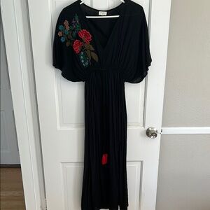 Cost Plus World Market Black Maxi Dress with Floral Embroidery